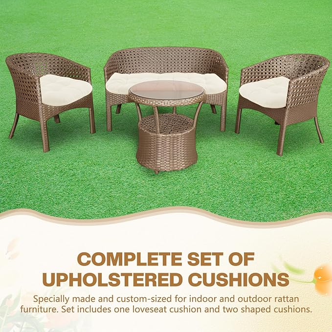 Barydat 3 Pack Wicker Furniture Cushions Waterproof Outdoor/Indoor Tufted Wicker Chair Cushions 1 Loveseat and 2 U-Shape Rattan Chairs for Patio Furniture, Rattan Love Seat, Bench(Cream)