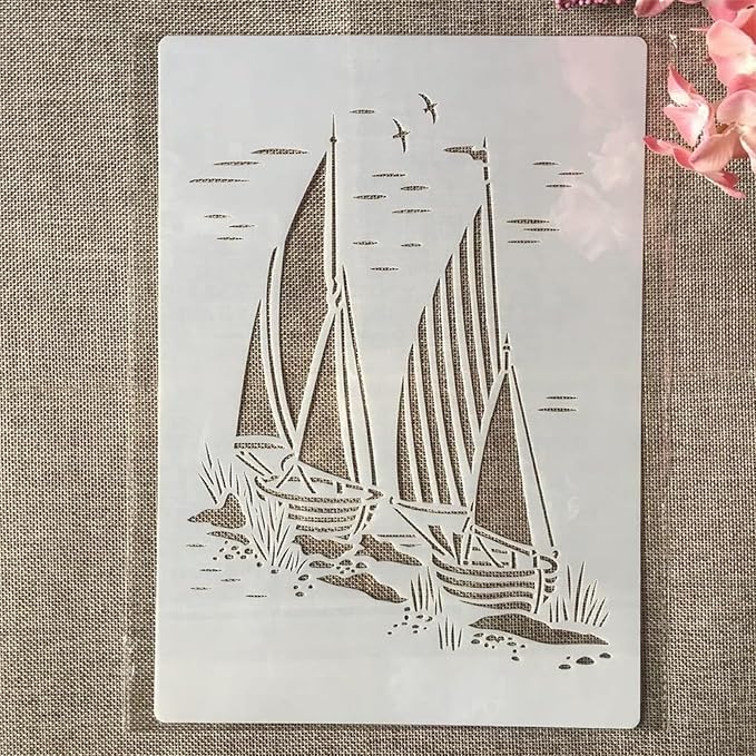 TIAMECH A4 Reusable Sailboat Stencil for Painting - Nautical Navy Sail Seagull Layering Template, DIY Wall Art, Wood Furniture, Scrapbook & Crafts (8.3x11.7inch)