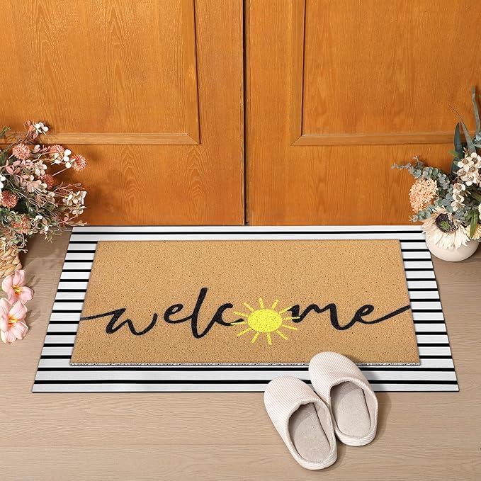 Tinideya 2 Pcs Summer Door Mat Non Slip Wildflower Coastal Hello Sunshine Sweet Home Ocean Pet Welcome Floor Doormat Buffalo Plaid Checked Stripe Mat Seasonal for Front Porch Entryway(Sun)
