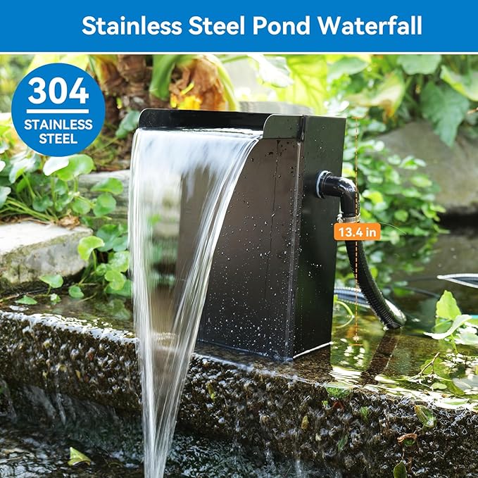 POPOSOAP Pond Waterfall Spillway with LED Lights, 304 Stainless Steel Waterfall Kit with Filtration & 9.8FT Tubing, 660GPH Pond Pump Fountain Kit for Outdoor Garden, Patio, 13.4" H x 8"W-P432D