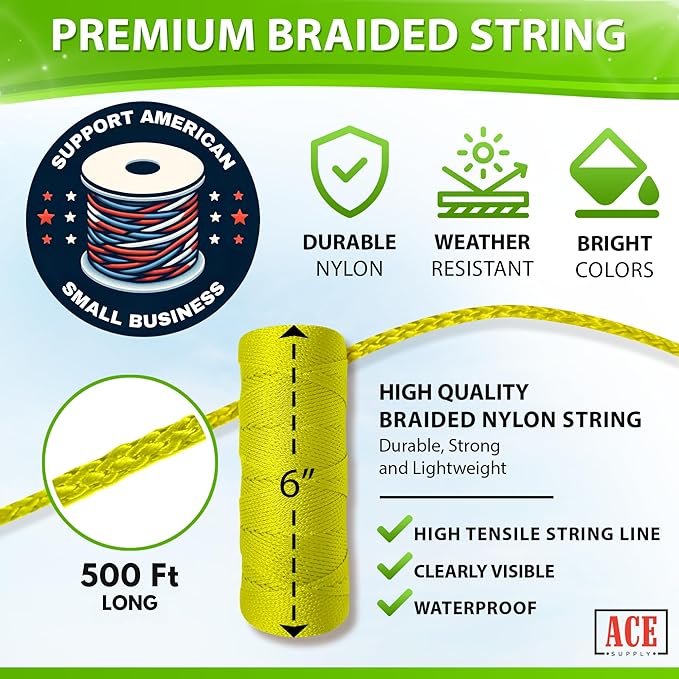 Yellow Mason Line String Line - #18 Braided Nylon String - 500 Ft Length - Nylon Twine for Gardening Or Masonry Tools - Perfect Construction String for A String Level, Twine String for Gardening