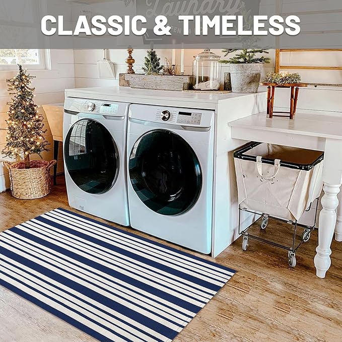 IOHOUZE Navy and White Striped Rug 2.3'x3.6' Front Door Rugs Outdoor, Small Washable Area Rug for Front Porch, Spring Summer Doormats Outdoor Indoor, Cotton Rugs for Entryway Porch Entrance