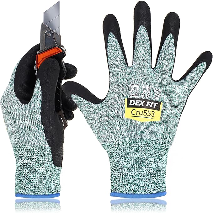 DEX FIT Level 5 Cut Resistant Gloves Cru553, 3D-Comfort Fit, Firm Grip, Thin & Lightweight, Touch-Screen Compatible, Durable, Breathable & Cool, Machine Washable; Green L (9) 1 Pair