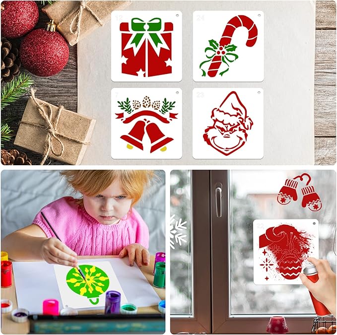 25 Pcs Christmas Stencils Reusable, 6x6 inch Christmas Stencils for Painting on Wood, Plastic Drawing Spraying Templates for Greeting Cards, Xmas Crafts Ornaments Wall Window Door DIY Decoration