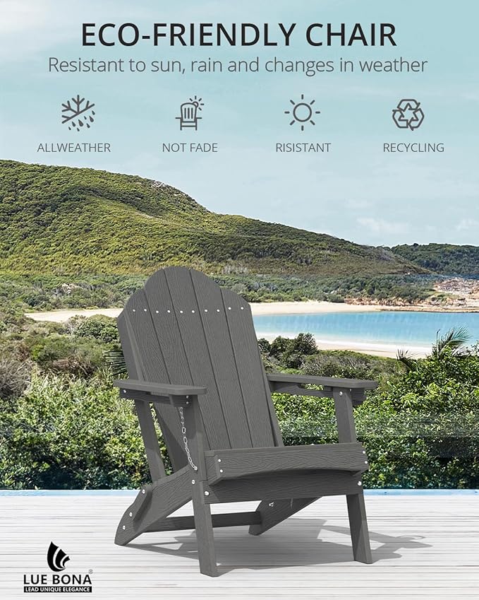 LUE BONA Folding Adirondack Chair, Chairs Set of 4, Cup Holder, Woodgrain, Fire Pit, Patio, Pool, Dark Grey