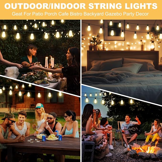 100FT Outdoor String Lights - 64+4 Bulbs(𝟏.𝟓𝐅𝐓 𝐁𝐮𝐥𝐛𝐬 𝐒𝐩𝐚𝐜𝐢𝐧𝐠) | Remote & Dimmer, 3 Light Modes & Timing, IP65 Waterproof, 100PC Mounting Ties for Patio/Outside/Commercial