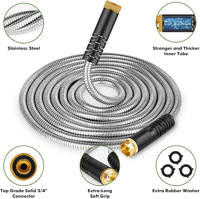 Garden Hose 25ft, Stainless Steel Heavy Duty Water Hose with 10 Function Nozzle Flexible, Lightweight, No-Kink, Pet Proof, Puncture Proof Metal Hose for Yard, Outdoor