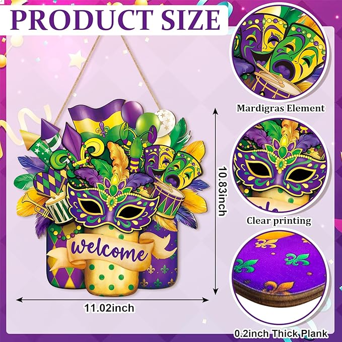 Wooden Mardi Gras Wreath for Front Door Sign Mason Jar Carnival Welcome Door Decoration, New Orleans Hanging Crafts for Wall Home Farmhouse Outdoor Indoor Holiday Party Decor Masquerade Hanger