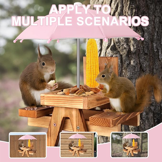 Gnodary Squirrel Feeder with Umbrella, Squirrel Feeders for Outside, Squirrel Picnic Table Feeder - Chipmunk Feeder Hold Corn, Corn Cob, Peanuts (Pink)