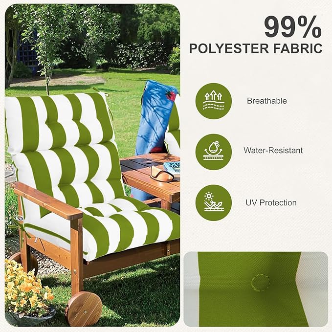 Outdoor High Back Chair Cushions 2-Pack, 44"x22"x 4" Fade-Resistant Waterproof Tufted Pads with Ties for Patio Rocking & Adirondack Chairs (Green White)