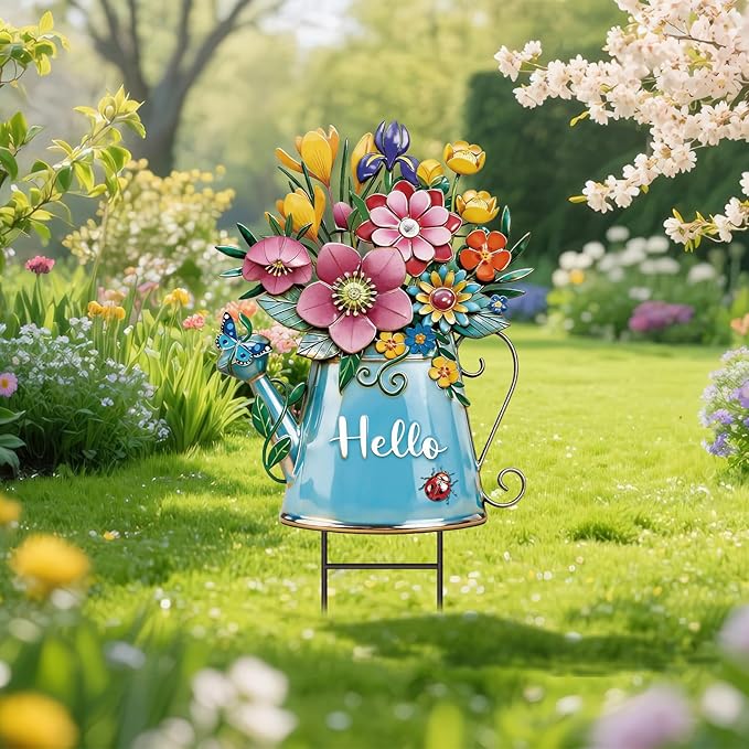 Spring Yard Sign Outdoor Yard Decoration with Stakes Waterproof Flower Metal Garden Lawn Stake Sign Decoration for Patio Lawn Walkway Courtyard Party Decor