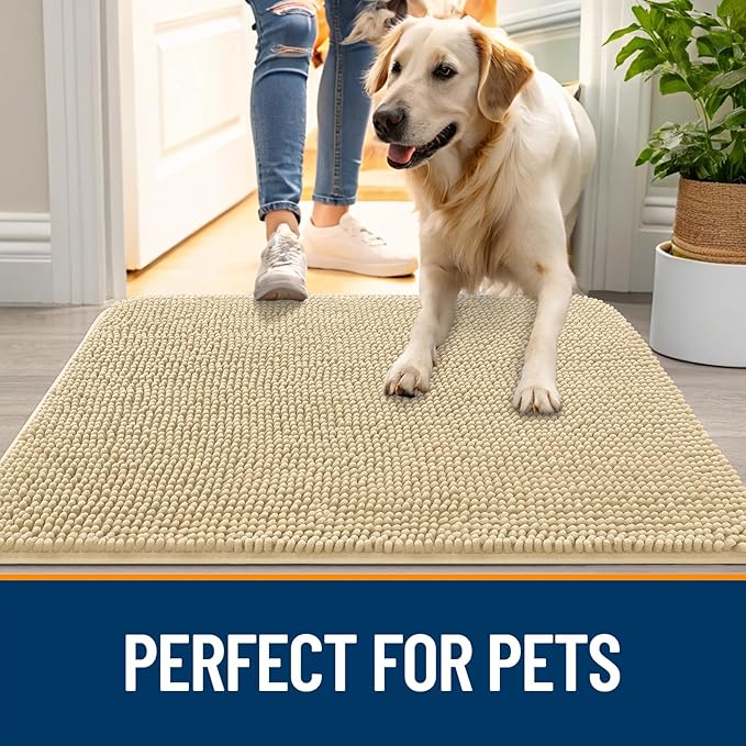 OLANLY Dog Door Mat for Muddy Paws 59x35, Absorbs Moisture and Dirt, Absorbent Non-Slip Washable Doormat, Quick Dry Chenille Mud Mat for Dogs, Entry Indoor Entryway Carpet for Inside Floor, Sand