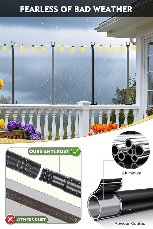 FEED GARDEN 5 Ft String Light Poles with Fence Brackets, Black Metal, 4 Pack, for Outdoor Deck Patio Backyard