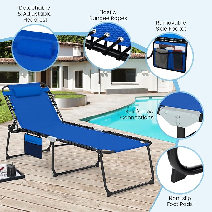 GYMAX Lounge Chair for Outside, 440lbs 27” Oversize Folding Beach Tanning Sunbath Chair with Adjustable Backrest & Removable Pillow, Lightweight Portable Patio Lounger for Lawn Poolside (Blue,1)