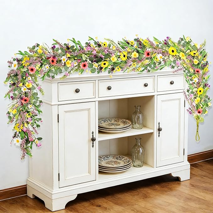 6.5 Ft Summer Flower Vine Garlands Artificial Wildflower Wisteria Lavender Daisy Spring Garland Not Withering Floral Wreath Garland All Year Round Home Decor for Indoor Outdoor Home Wedding Arch