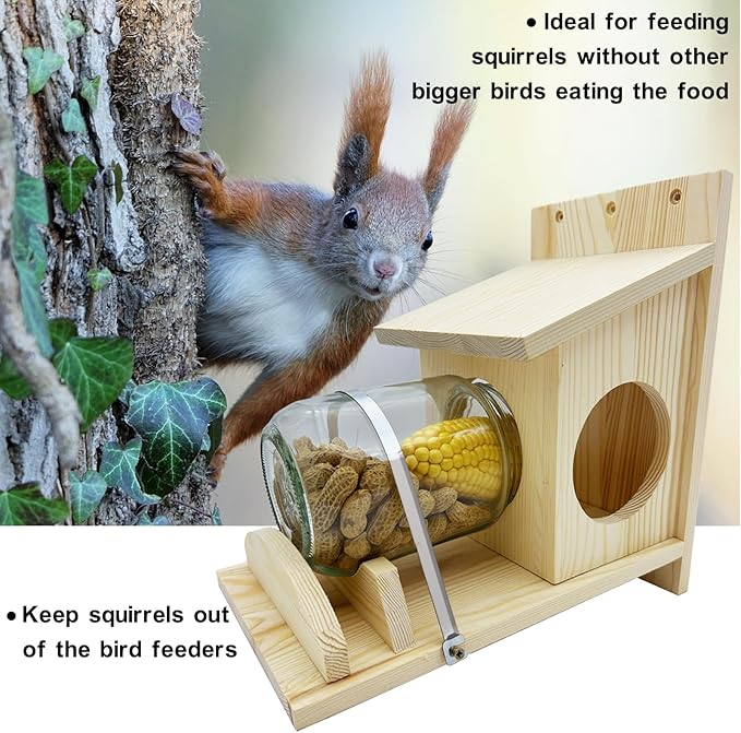 Squirrel Feeder,Wood Squirrel Feeders for Outside,Durable Log Squirrel House with Removable Glass Jar,Chipmunk Feeder Weather-Proof Squirrel Feeders for Outdoors with Corn,Peanut Seed Holder