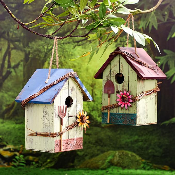 2 Pcs Decorative Birdhouse for Yard Outside Hanging Wooden Birdhouse Hand Painted Bird Box for Bird Lovers Bluebird Tree Swallow Wild Chickadee Garden Decor(Light Color,Wooden Roof)