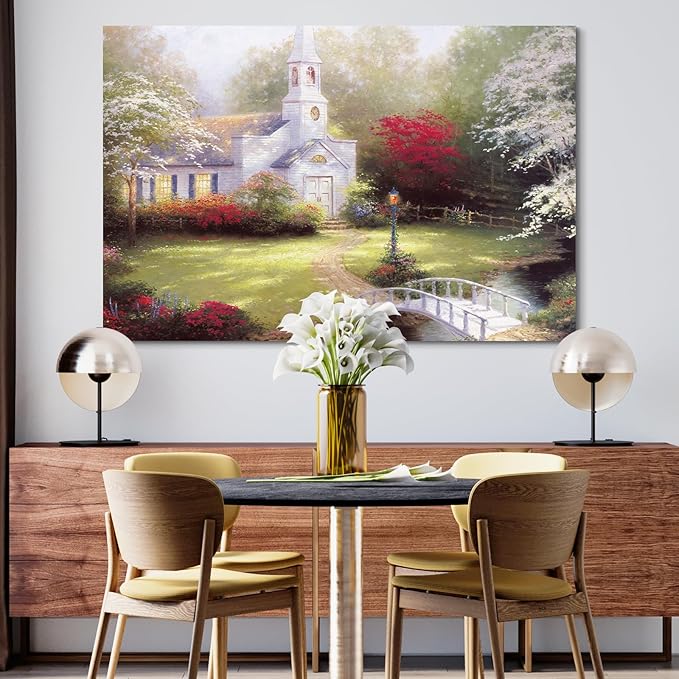 STUDIO HAVEN Thomas Kinkade Canvas Wall Art, White Church Flower-Lined Path Stone Bridge Stream Serene Morning Oil Painting Poster Landscape Wall Decor, Framed Prints for Home Decor, 40x28Inch