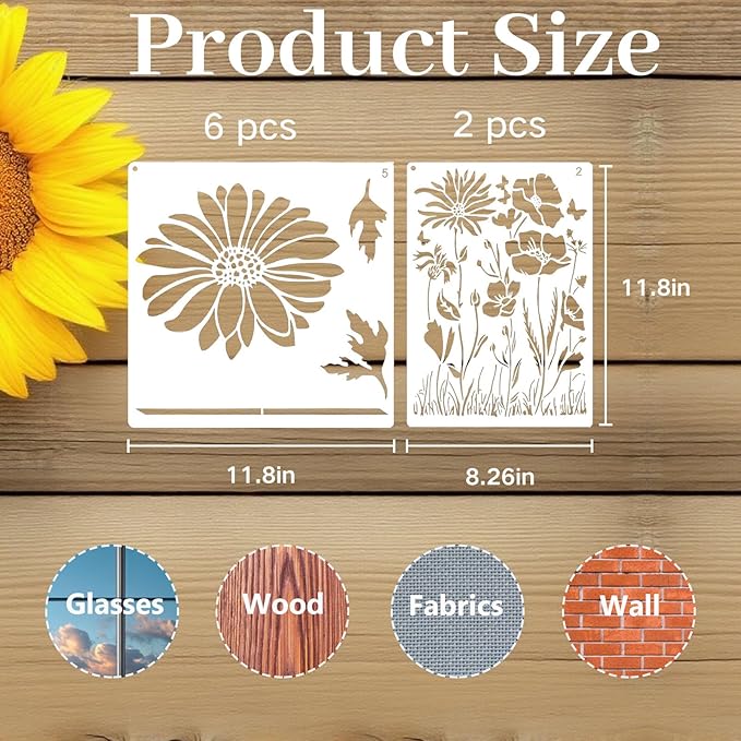 Large Flower Stencils for Painting, 8pcs Wall Stencils for Painting Large Pattern, Reusable Floral Butterfly Fence Stencils for Outdoors Garden Wood Walls DIY Crafts Home Canvas Furniture