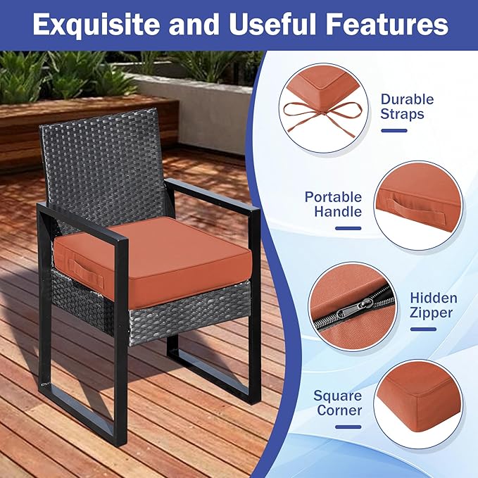 Patio Chair Cushions, 19" x 19" x 3" Outdoor Chair Cushions Set of 4, Waterproof Outdoor Cushions for Patio Furniture, Outdoors Seat Cushions Set of 4 with Handle and Ties, Spice