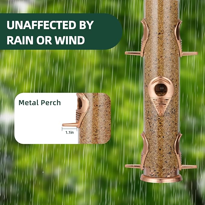 ERYTLLY Metal Bird Feeders 6 Port Tube Bird Feeder for Wild Birds, 1.4mm Extra Thick Solid Tube Transparent with Steel Hanger Squirrel Proof for Outside