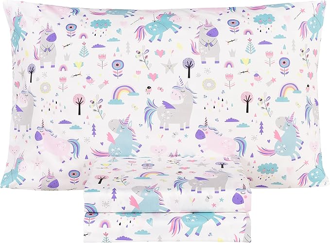 Scientific Sleep Cute Unicorn Flower Rainbow 100% Cotton Cozy Twin Bed Sheet Set, Flat Sheet & Fitted Sheet & Pillowcase Natural Bedding Set (Unicorn, Twin)