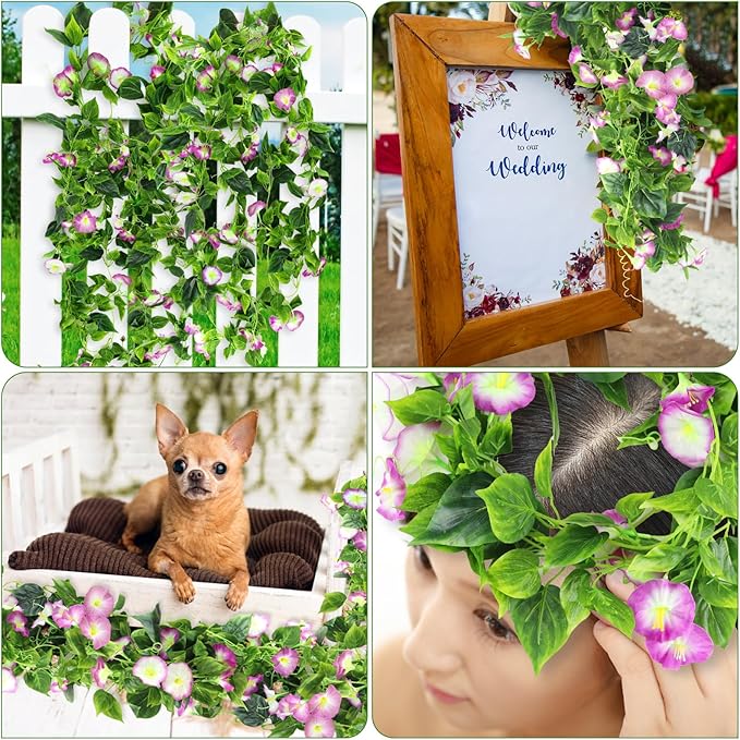 AirSun Artificial Morning Glory Flower Vines, 2pcs 15Feet Hanging Plants Silk Garland Fake Green Plant Home Garden Wall Fence Indoor Outdoor Wedding Birthday Decor