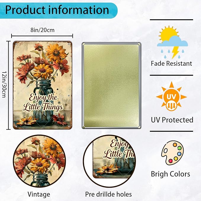 Garden Signs Vintage Flower Sign Funny Fresh Flowers Iron Painting Enjoy The Little Things for Kitchen Enjoy for Farmhouse Home Garden Kitchen Office 12x8 Inch