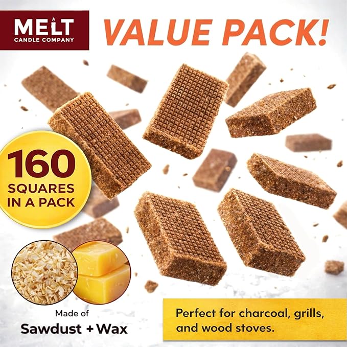 Fire Starter Squares, 160 pcs - Charcoal Fire Starters for Campfires, Grill, Outdoor Pit, Fireplace, Wood Stove, BBQ - Firestarter Sticks, Water Resistant & Odorless - Camping Accessories Essentials