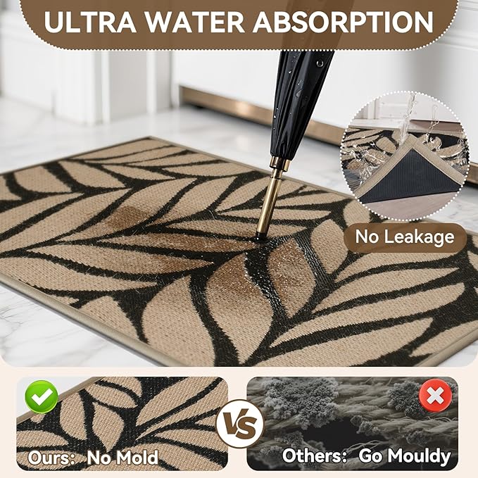 Door Mat Indoor Outside Entrance 17''x30'', Low-Profile Non Slip Outdoor Inside Front Doormat Entryway Mat, Dirt Resistant Absorbent Porch Welcome Entry Mats, Washable Easy Clean, Brown