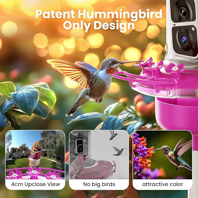 Soliom Hummingbird Feeder with Camera, Smart Bird Feeder Camera with 2K Live View AI Identify Species, Leak Proof & Ant Moat & Bee Proof, Outdoor Pole/Hook Hanging, 16 OZ Ideal Gifts for Family-Pink