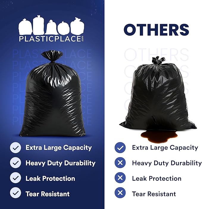 Plasticplace 95-96 Gallon Heavy Duty Trash Bags, Garbage Bags, Puncture-Resistant, Fits Rollaway Cans & Drums, Durable Large Plastic Bags (50 Count)