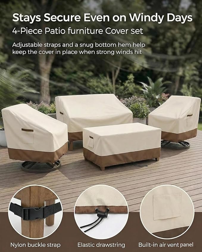 4-Piece Patio Furniture Cover Set, Waterproof Outdoor Furniture Covers for 3-Seater Sofa, Patio Chairs & Coffee Table, Heavy-Duty 600D, Fade&UV-Resistant, Breathable, All-Season Protection,Beige&Brown