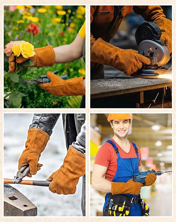Mepase 4 Pairs Leather Welding Gloves 14 Inch Gardening Gloves for Men Women Heat/fire Resistant Stitching Mitts for Oven/grill/fireplace/furnace/stove/pot Holder/wood Burner/animal Handling, Tan