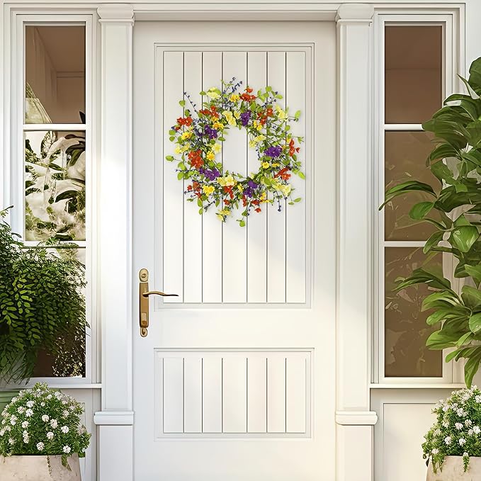 YNYLCHMX 18" Spring Summer Wreaths for Front Door, Artificial Floral Wreath with Colorful Wild Flowers Dicotyledons Berries, Green Foliage Wreath for Wall Window Farmhouse Party Holiday Home Decor