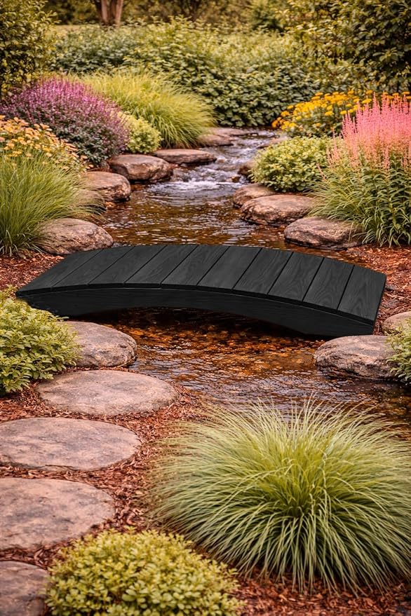 4 FT Black Amish Made Pinewood Heavy Duty Garden Bridge for Walkway, Backyard Pond & Landscaping, Outdoor Wooden Footbridge for Koi Pond, Japanese Style Decorative Bridge, Made in USA