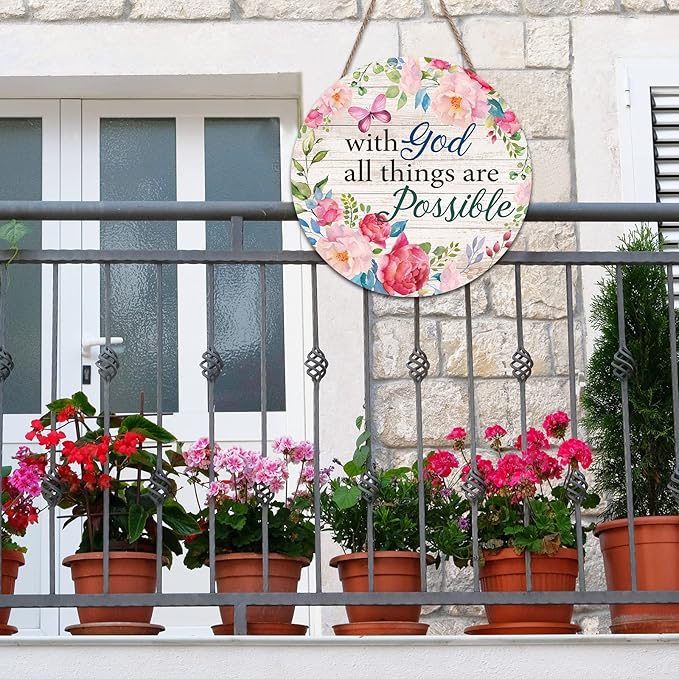 Spring Welcome Wreaths Sign Farmhouse Spring Door Hanger with God all Things are Possible Wall Sign Inspirational Hanging Decorations Religious Faith Decor Summer Flower Butterfly for Front Door