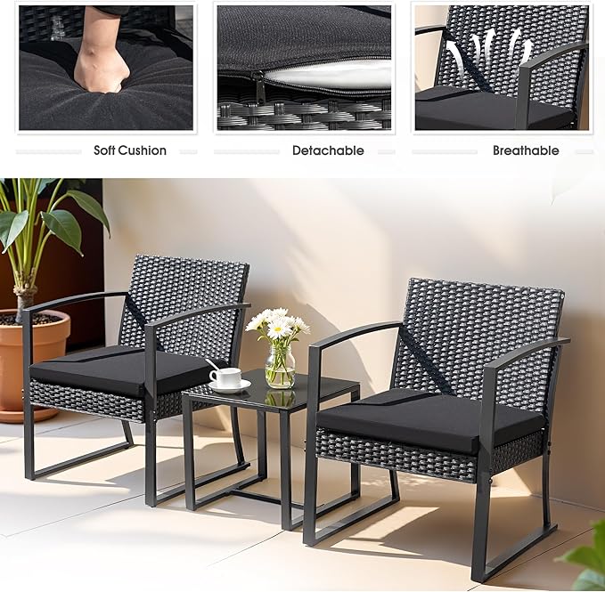 Greesum 3 Pieces Outdoor Furniture Set Patio Bistro Chairs with Glass Coffee Table for Pool Beach Backyard Balcony Porch Deck Garden, Black