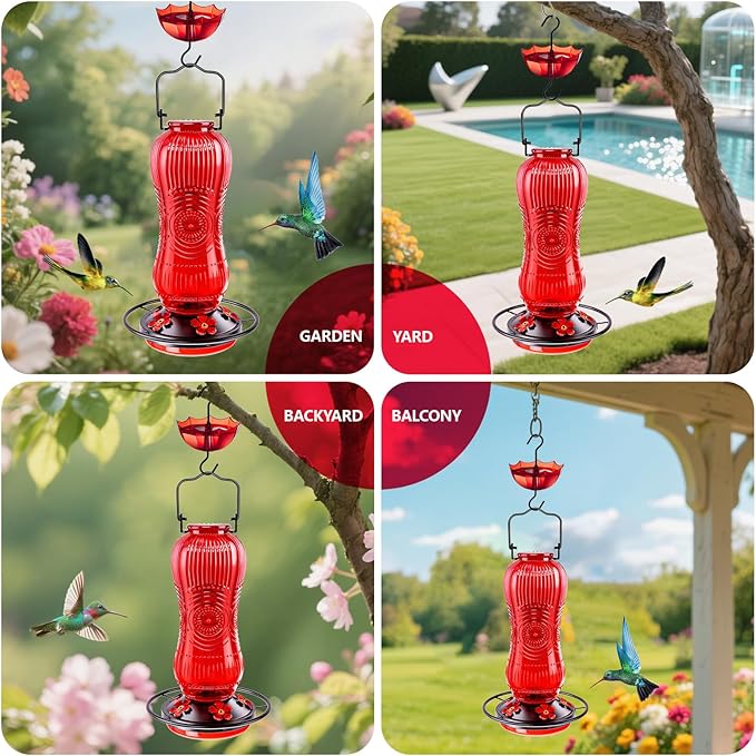 25 Ounces Hummingbird Feeders for Outdoors Hanging, Vintage Style Glass Humming Bird Feeder with Ant Moat & 5 Feeding Ports