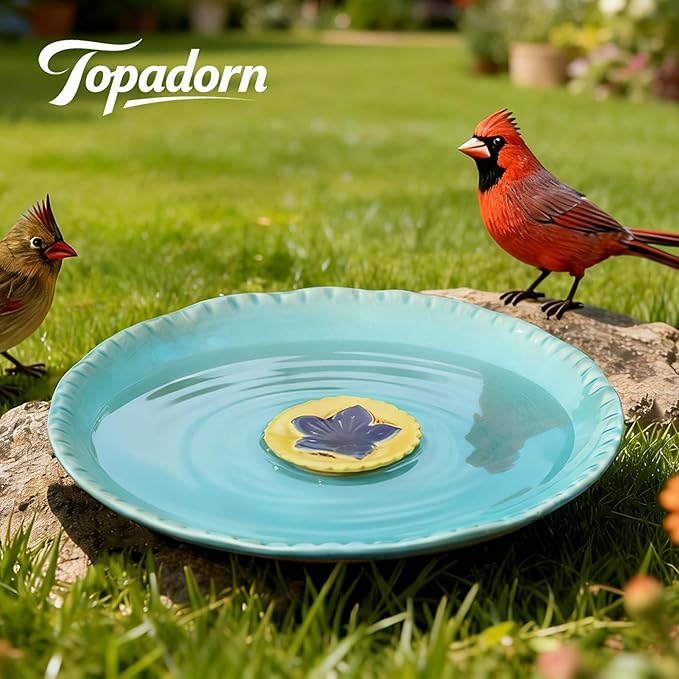 Topadorn 12.25in Ceramic Bird Bath for Outdoors, Large Bird Bath Bowl for Garden Lawn Balcony Patio Yard Tabletop Ground Decor, Blue with Yellow Flower