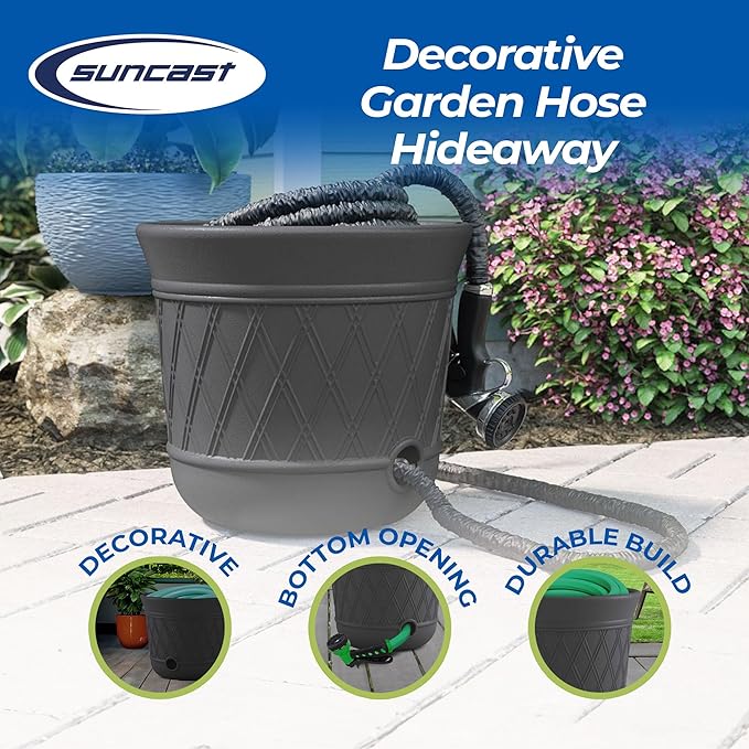 Suncast 4 Pack 14" x 12" Round Resin Decorative Weatherproof Outdoor Hideaway Standard Garden Hose Storage Pot with Drainage Holes, Gray