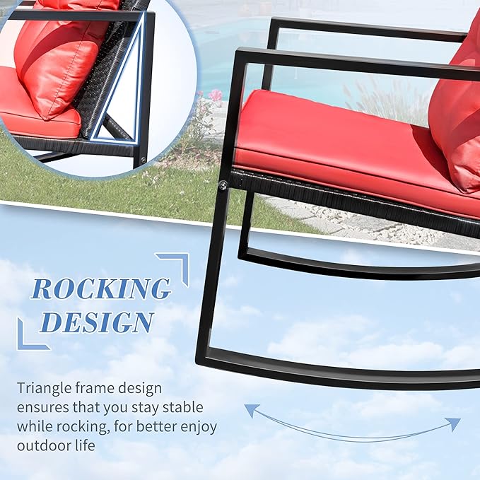 Flamaker Patio Chairs 3 Piece Wicker Rocking Chair Outdoor Bistro Sets with Coffee Table and Cushions Metal Frame Patio Furniture for Porch, Balcony, Lawn (Red)