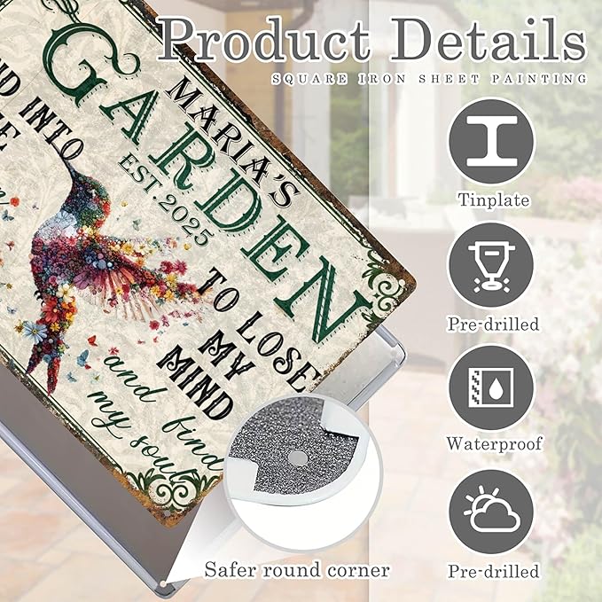 Custom Garden Signs Personalized Metal Tin Sign for Women, Retro Funny Hummingbird Metal Sign for Outdoor, Patio, Yard Rustic Home Decor Gift for Mothers Day, Grandmas, and Gardening Lovers