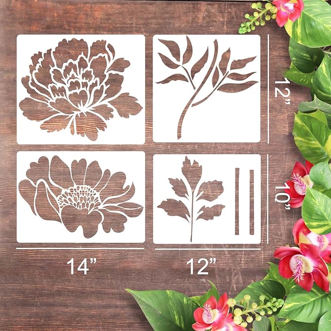 Large Flower Stencils for Wood Fence Flower Stencil for Painting 14” Peony Stencils for Walls Furniture Fabrics