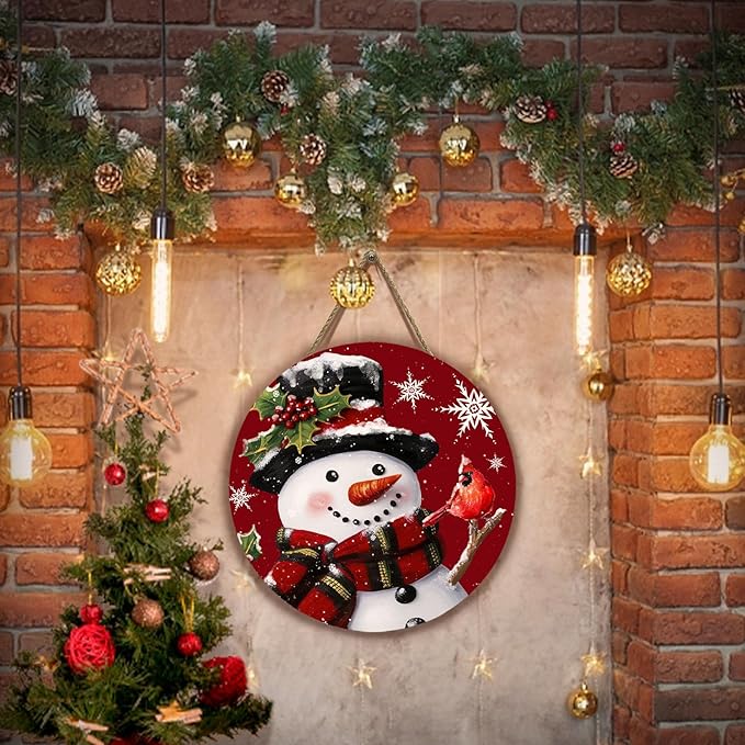 Snowman Xmas Door Sign Cardinal Snowflakes Door Hanger for Porch Wall Decor Winter Holiday Christma Outdoor Hanging Sign
