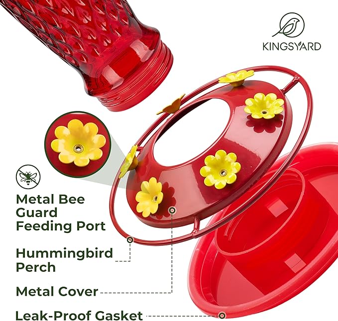 Kingsyard Hummingbird Feeders for Outdoors Hanging, 24 Ounce, Glass Hummingbird Feeder with Ant Moat & 6 Bee Guard Feeding Ports, Leak-Proof, Red Gradient