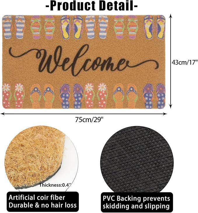 Summer-Door-Mat Outdoor-Entrance Cute Slippers Welcome-Doormat Non Slip Coir Front Door Mat for Summer Home Decor 17 x 29 Inch