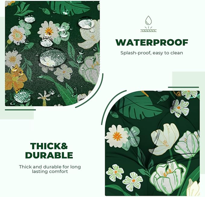 Outdoor/Indoor High Back Chair Cushion, Waterproof Outdoor Rocking Chair Cushion with Ties, Tufted Replacement Seat Cushions for Outdoor Furniture, Green Floral