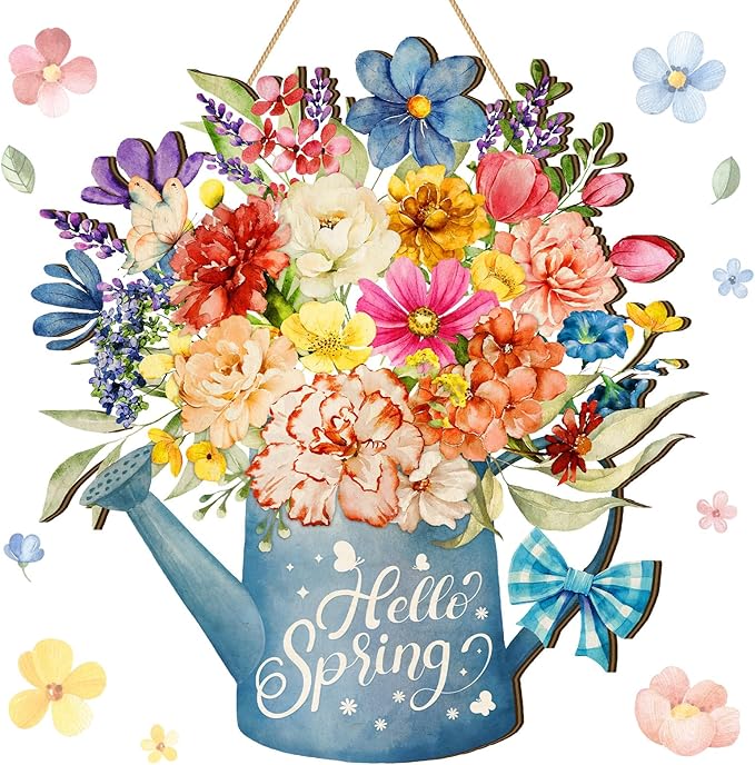 Juexica Hello Spring Door Sign, Flower Door Hanger Wreath, Wooden Hanging Decor, Rustic Welcome Sign for Front Porch, Wall, Pediments Decorations, Floral