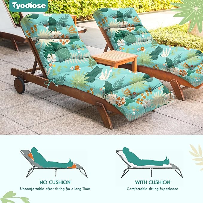 Chaise Lounge Cushions Outdoor Set of 2, 74.4 x 22 x 4.7 Inch Thickened Lounge Chair Cushions Waterproof for Outdoor Furniture with Ties, Non-Slip Patio Pool Lounge Cushions, Cyan Floral Leaf